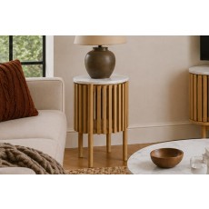 Soho Natural Oak Slatted Story Side Table with Marble Top