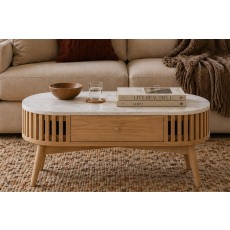 Soho Natural Oak Slatted Oval Coffee Table with Marble Top