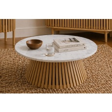 Soho Natural Oak Slatted Round Coffee Table with Marble Top