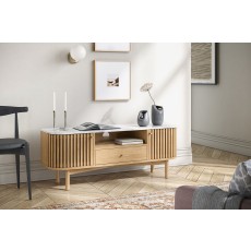 Soho Natural Oak Slatted Small TV Unit with Marble Top
