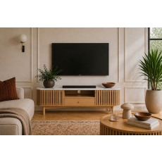 Soho Natural Oak Slatted Small TV Unit with Marble Top