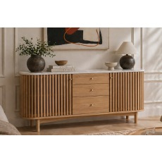 Soho Natural Oak Slatted Sideboard with Drawers & Marble Top
