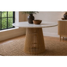 Soho Natural Oak Slatted Round Dining Table with Marble Top