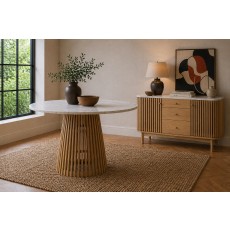 Soho Natural Oak Slatted Round Dining Table with Marble Top