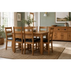 Salisbury Waxed Premium Oak Compact Ext Dining Table Set + 6 Slat Back PU Chairs