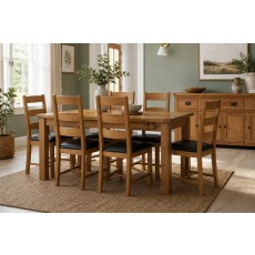 Salisbury Waxed Premium Oak Small Ext Dining Table Set + 6 Slat Back PU Chairs