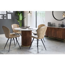 Harvard Reeded Mango Wood Round Dining Table with Marble Top & 4 Amory Beige Chairs