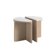 Portobello Oak Half Moon Nest of Tables with Travertine Top