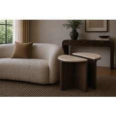 California Dark Oak Half Moon Nest of Tables with Travertine Top