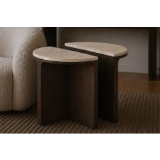 California Dark Oak Half Moon Nest of Tables with Travertine Top