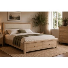 Normandy White Wash Storage Bedframe with Cream Herringbone Headboard Normandy White Wash Storage Bedframe with Cream Herringbone Headboard