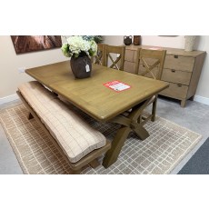 Ex-Display Truro - Smoked Oak 2.0m Cross Leg Extending Dining Table + 2.0m Bench Natural + x4 Cross Ex-Display Truro - Smoked Oak 2.0m Cross Leg Extending Dining Table + 2.0m Bench Natural + x4 Cross
