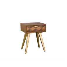 Geometric Mango Wood 1 Drawer Bedside Table with Brass Gold Legs