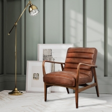 Ribble Vintage Brown Leather Chair with Steam Bent Wood Arms
