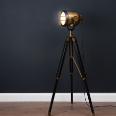 Brass And Black Industrial Spotlight Tripod Lamp
