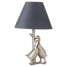 Silver Pair Of Ducks Table Lamps With Velvet Shade