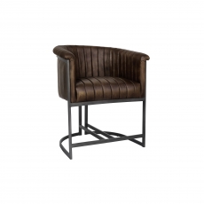 Curved Bucket Leather & Iron Dining Chair in Brown
