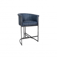 Curved Bucket Leather & Iron Bar Chair in Blue