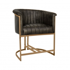 Curved Bucket Leather Chair in Dark Grey with Gold Metal