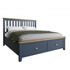 Smoked Painted Blue Oak Bed with Wooden Headboard & Drawers