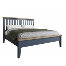 Smoked Painted Blue Oak Bed with Wooden Headboard & Low Foot End