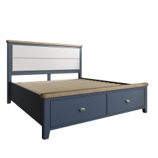 Smoked Painted Blue Oak Bed with Fabric Headboard & Drawers