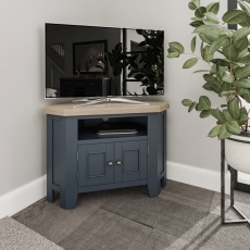 Smoked Painted Blue Oak Corner TV Unit