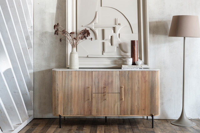 Baker Furniture Rufus Reeded Mango Wood & Marble Wide Sideboard