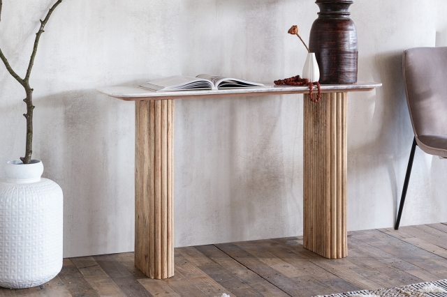 Rufus Reeded Mango Wood Marble Console Table