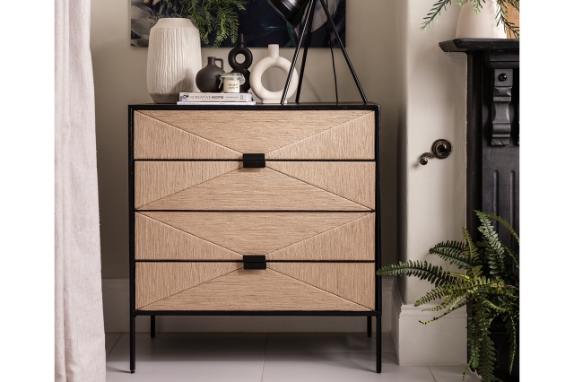 Raphael Black Wood and Jute Rope 4 Drawer Chest of Drawers
