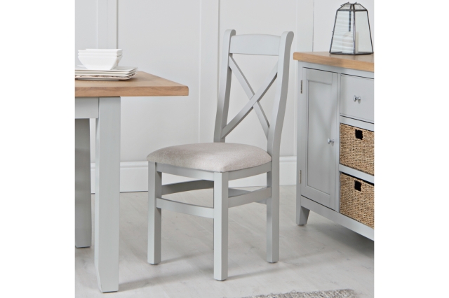 Kettle Interiors Eton Painted Grey Oak Cross Back Dining Chair with Fabric Seat