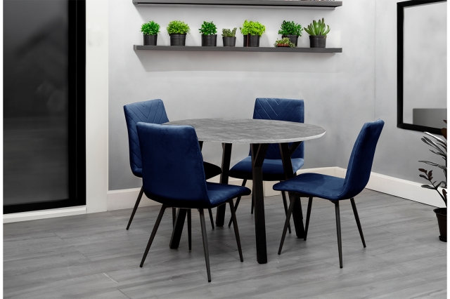 Kettle Interiors 1.1m Concrete Round Dining Table Set with 4 x Retro Blue Velvet Chairs