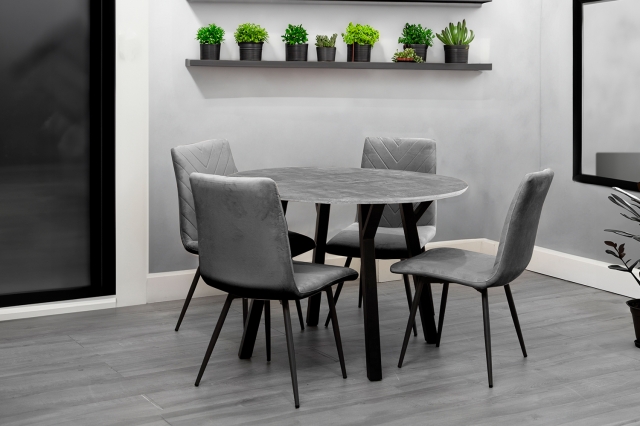 Kettle Interiors 1.1m Concrete Round Dining Table Set with 4 x Retro Grey Velvet Chairs