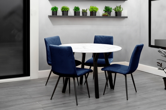 Kettle Interiors 1.1m Marble Round Dining Table Set with 4 x Retro Blue Velvet Chairs