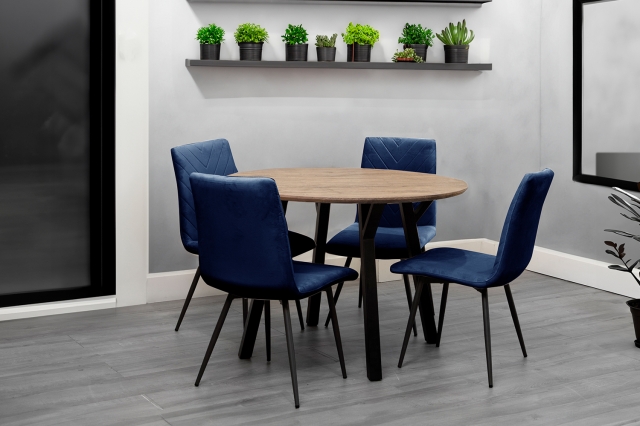 Kettle Interiors 1.1m Oak Finish Round Dining Table Set with 4 x Retro Blue Velvet Chairs