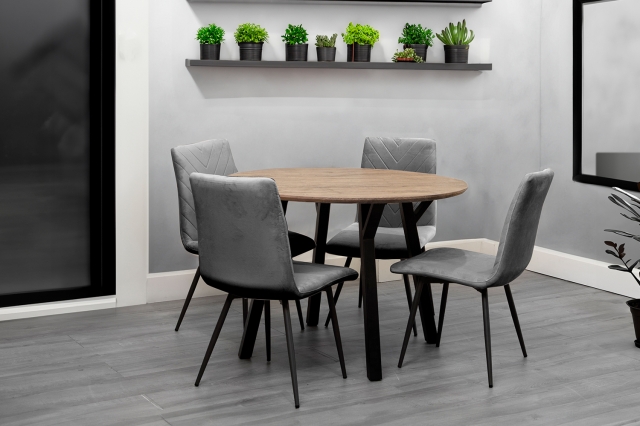 Kettle Interiors 1.1m Oak Finish Round Dining Table Set with 4 x Retro Grey Velvet Chairs