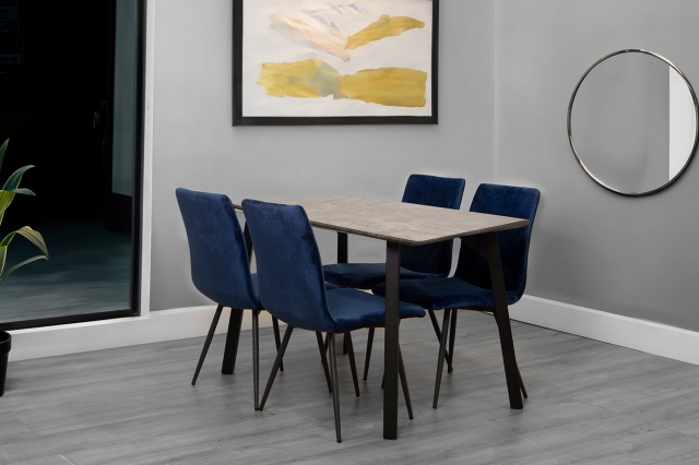 Kettle Interiors 1.2m Concrete Dining Table Set with 4 x Retro Blue Velvet Chairs
