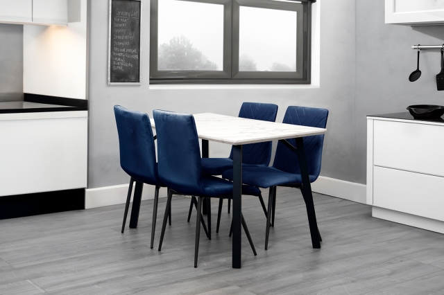 Kettle Interiors 1.2m Marble Dining Table Set with 4 x Retro Blue Velvet Chairs