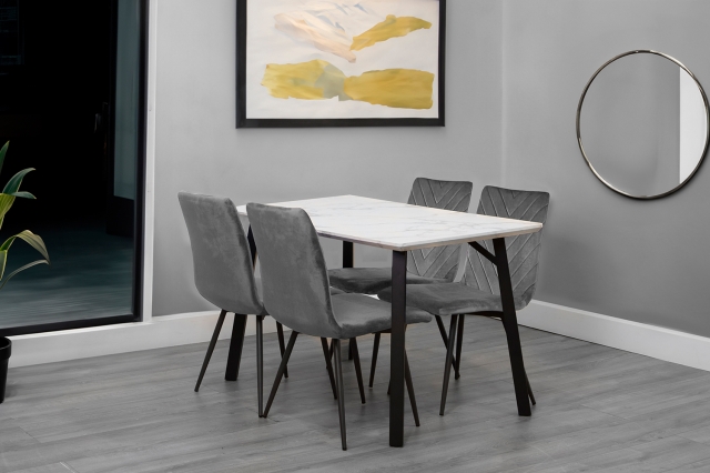 Kettle Interiors 1.2m Marble Dining Table Set with 4 x Retro Grey Velvet Chairs