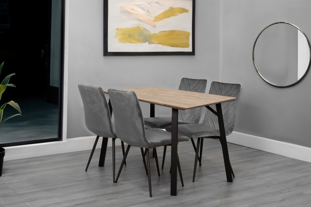 Kettle Interiors 1.2m Oak Finish Dining Table Set with 4 x Retro Grey Velvet Chairs
