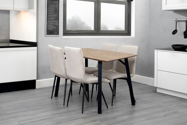 Kettle Interiors 1.2m Oak Finish Dining Table Set with 4 x Retro Taupe Velvet Chairs