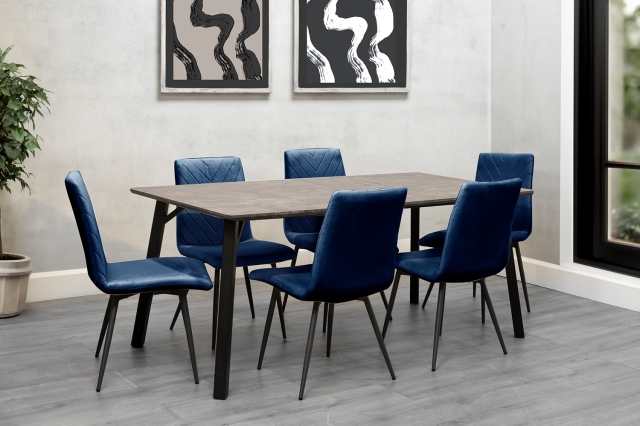 Kettle Interiors 1.8m Concrete Dining Table Set with 6 x Retro Blue Velvet Chairs