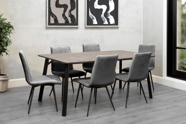 Kettle Interiors 1.8m Concrete Dining Table Set with 6 x Retro Grey Velvet Chairs