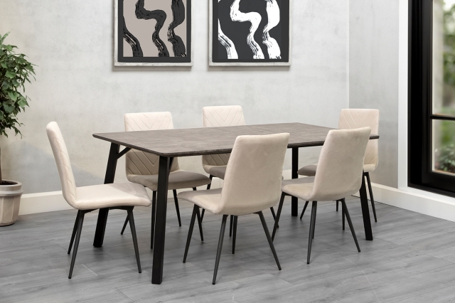 Kettle Interiors 1.8m Concrete Dining Table Set with 6 x Retro Taupe Velvet Chairs