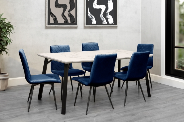 Kettle Interiors 1.8m Marble Dining Table Set with 6 x Retro Blue Velvet Chairs