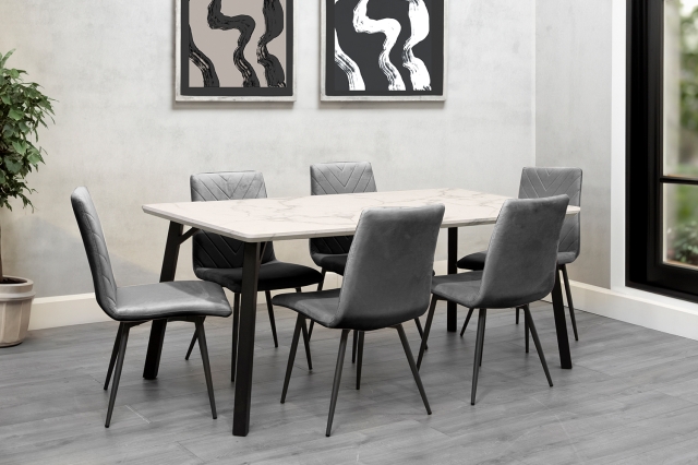Kettle Interiors 1.8m Marble Dining Table Set with 6 x Retro Grey Velvet Chairs