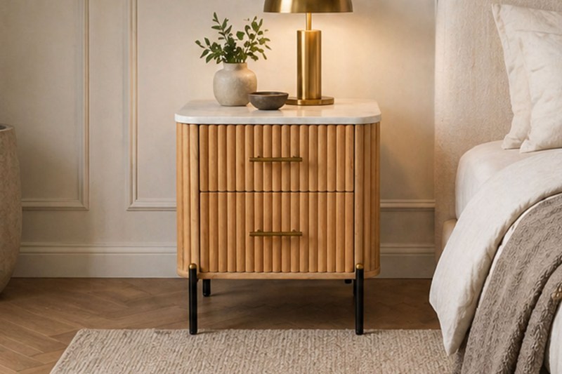 Reed Mango Wood & Marble 2 Drawer Bedside Table Reed Mango Wood & Marble 2 Drawer Bedside Table