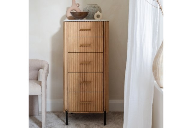 Reed Mango Wood & Marble 5 Drawer Tall Chest of Drawers Reed Mango Wood & Marble 5 Drawer Tall Chest of Drawers