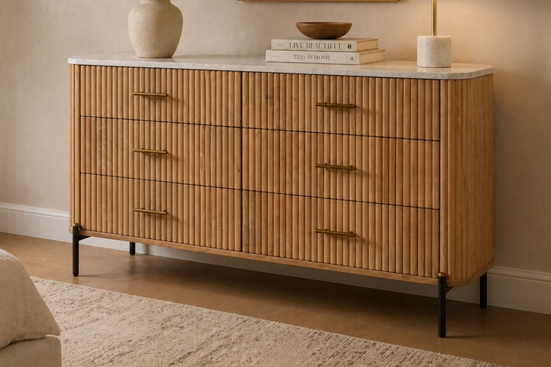 Reed Mango Wood & Marble 6 Drawer Wide Chest of Drawers Reed Mango Wood & Marble 6 Drawer Wide Chest of Drawers