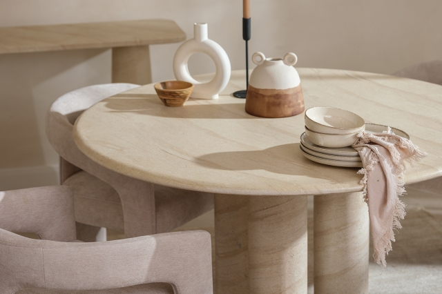Idless Travertine Stone Round Dining Table with Cylindrical Legs Furniture World